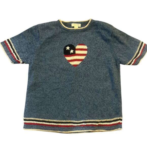 Vtg 90s Knit Heart American Flag Short Sleeved Sweater S Retro Preppy Feminine - Picture 1 of 6